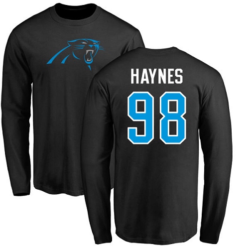Carolina Panthers Men Black Marquis Haynes Name and Number Logo NFL Football #98 Long Sleeve T Shirt->nfl t-shirts->Sports Accessory